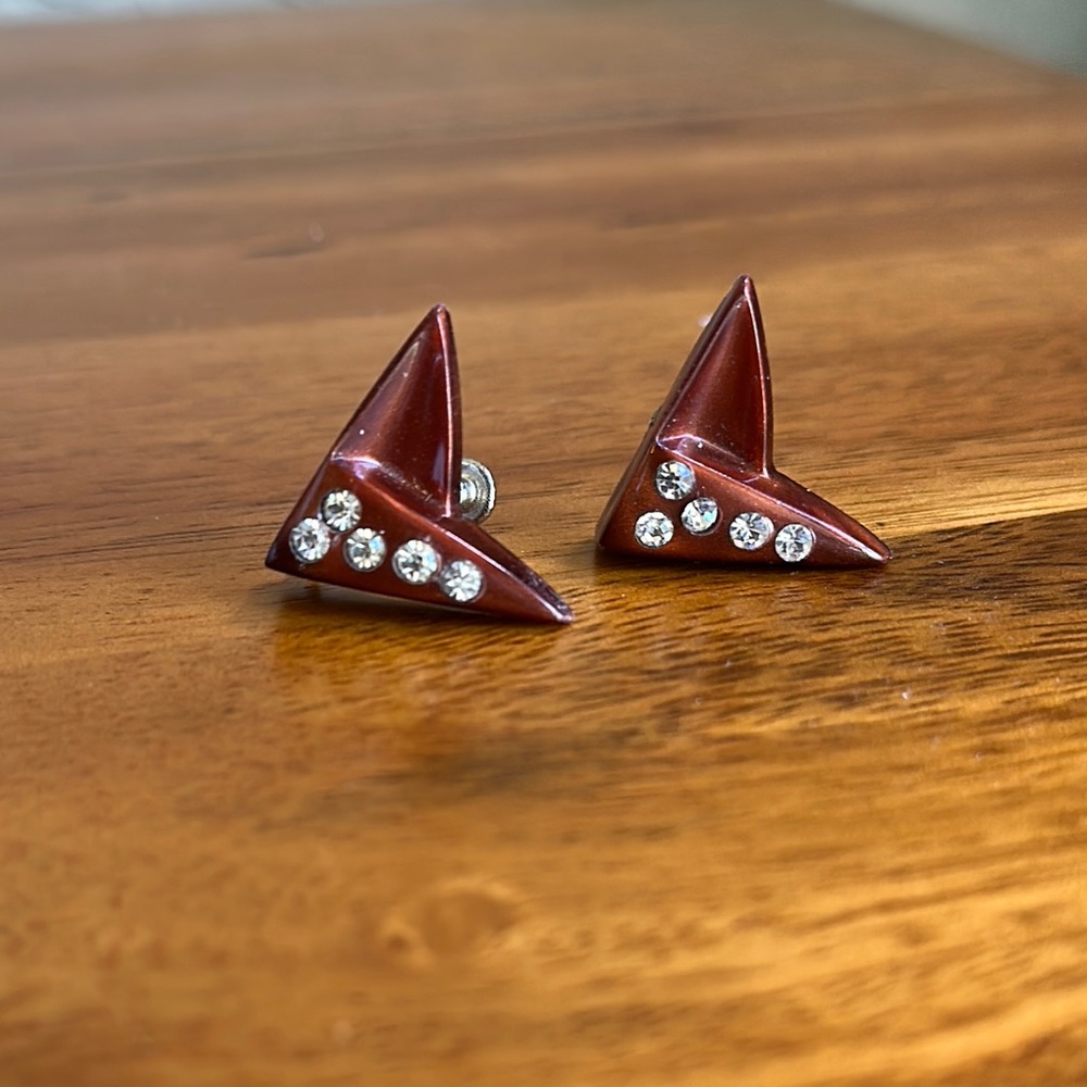 MCM brown Triangle Stud Earrings with Rhinestones Screw‎ on back Vintage unique